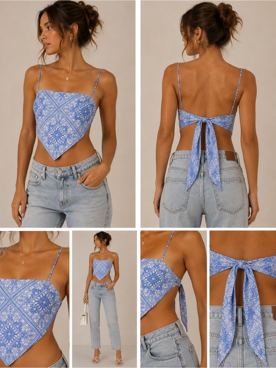 vestique Tops - Blue Patterned Bandana Top